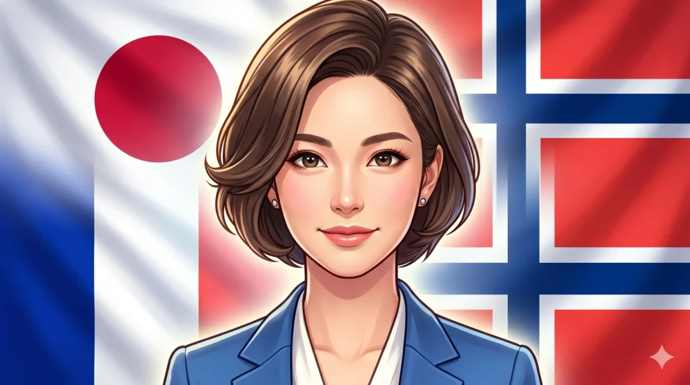 日本、フランス、ノルウェーのルーツを持つ佐々木沙羅アナウンサーのクォーターとしての背景を表現したイラスト。