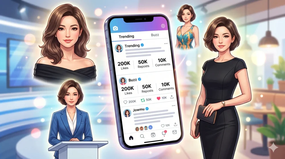 佐々木沙羅アナウンサーの異なる衣装でのSNSバズ投稿をまとめたイメージイラスト。