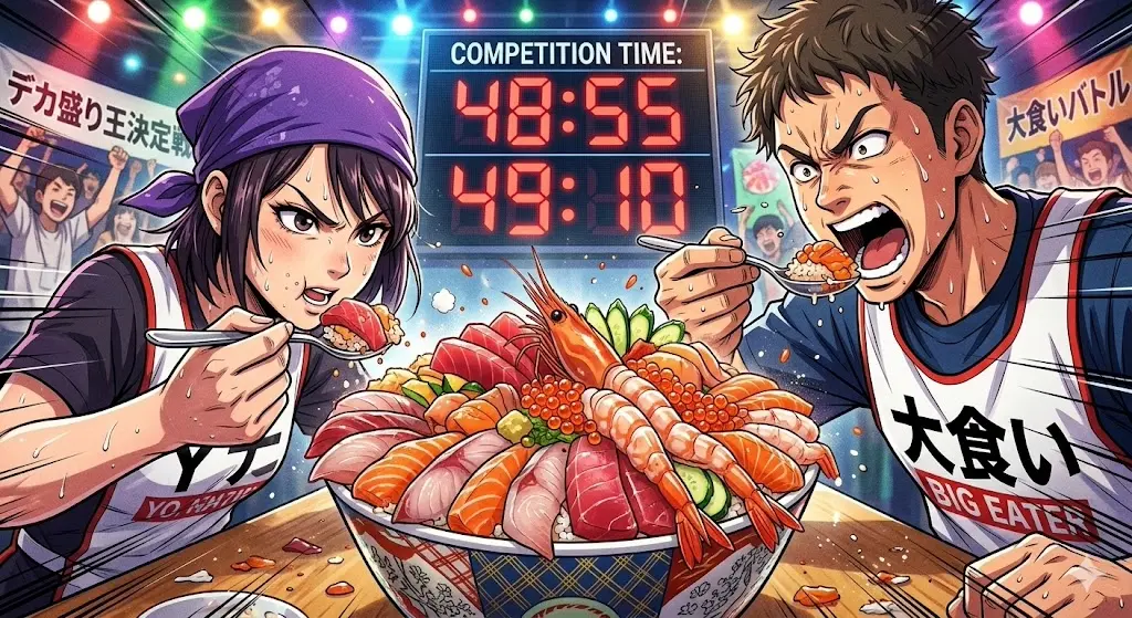 3.2キロの花盛り海鮮ちらしを巡る、ギャル曽根とカゲヤマ益田の15秒差の激闘シーン