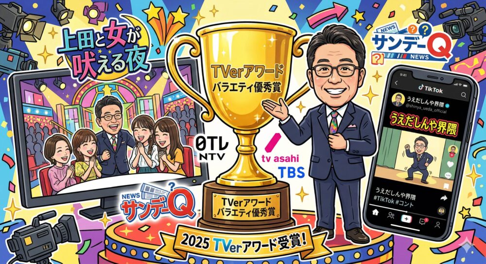 TVerアワードを受賞した「上田と女が吠える夜」など、上田晋也の各局レギュラー、デジタル進出、サンデーQ挑戦を表現したイラスト