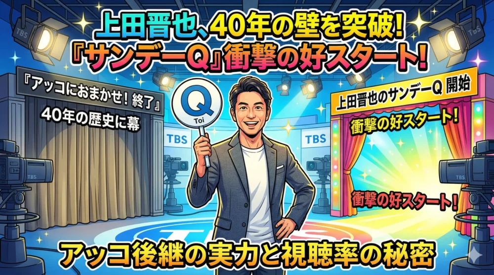 上田晋也、40年の壁を突破！「サンデーQ」衝撃の好スタート！アッコ後継MCの実力と初回好視聴率の秘密を解説するアイキャッチ画像イラスト