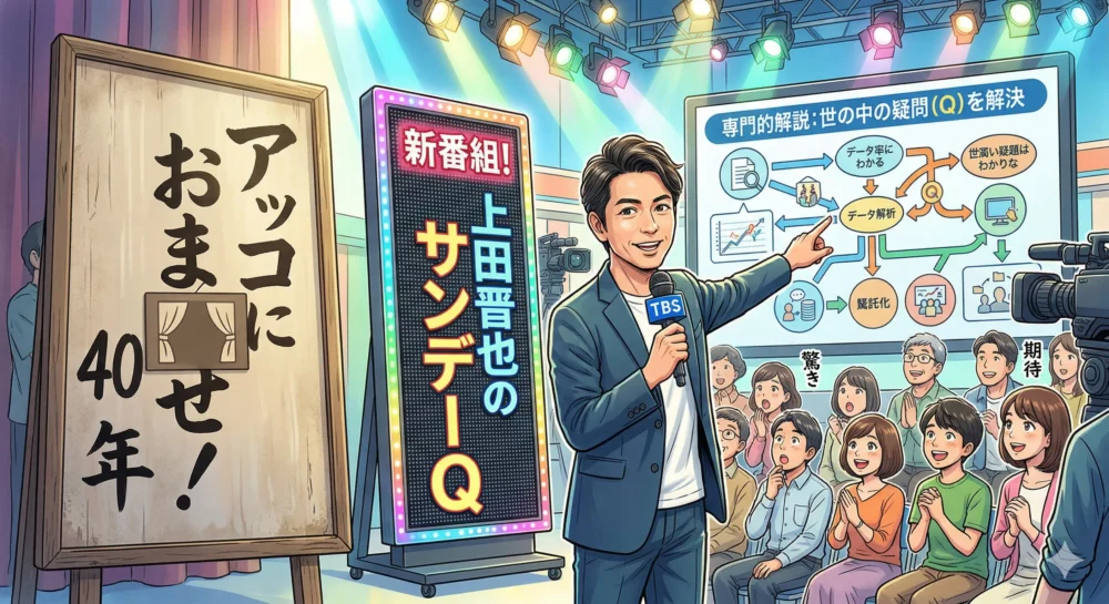 アッコにおまかせ終了後、TBS日曜昼の新MCとして登場した上田晋也がマイクを持ち、専門知識をわかりやすく解説するイラスト