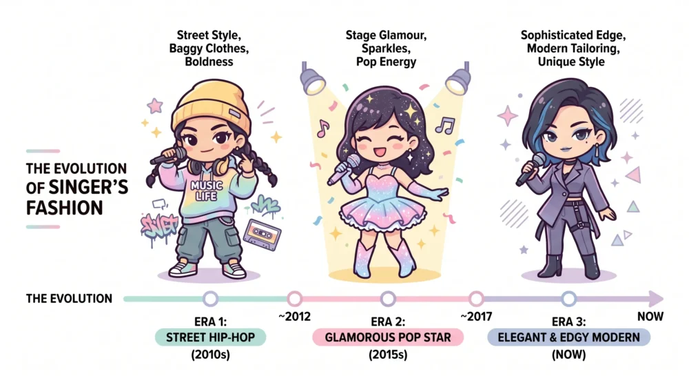 デビュー当時のストリート系から現在の最新スタイルまで、女性アーティストのファッションの変化を年代順にまとめたわかりやすい図解イラスト