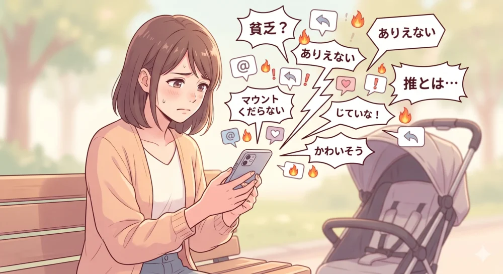 SNSでベビーカーに関する投稿が炎上し、スマホを見て困惑する母親のイラスト