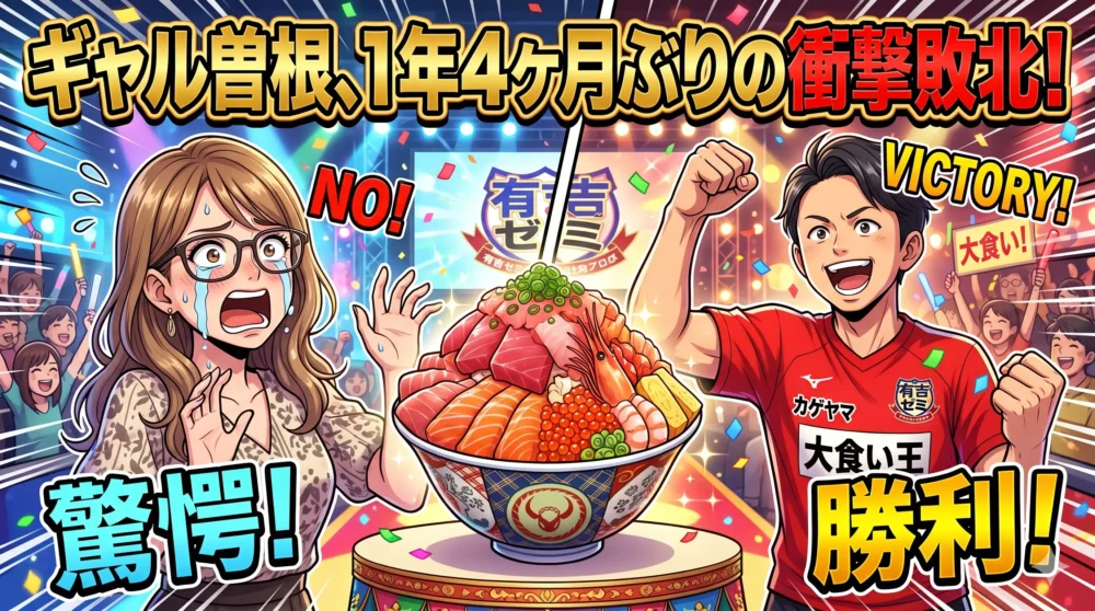 ギャル曽根の敗北に驚くSNSの反響と、今後のリベンジへの期待を表現したイラスト