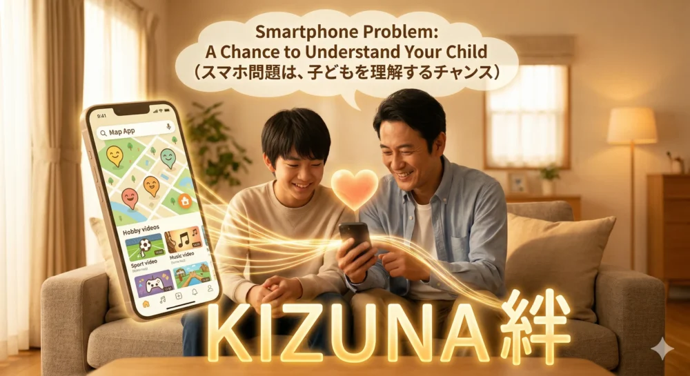 親子でスマホを使いながら笑顔で過ごす様子。スマホ問題を機に対話を深め、絆が強まったことを象徴している。