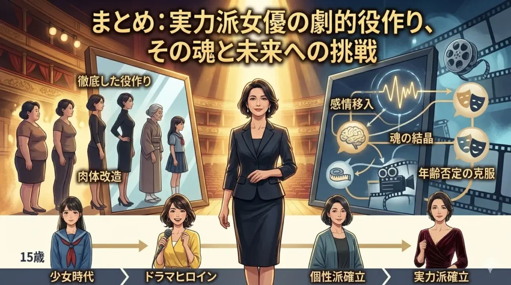 まとめ：実力派女優の劇的役作り、その魂と未来への挑戦」というタイトルを配した概念図とイラスト。徹底した役作りで劇的変貌を遂げる女優の肉体と精神の変遷と、15歳から44歳までの29年の女優人生の軌跡を象徴的に描く。左に体型変化（肉体改造）、右に精神変化（魂の結晶）、下にキャリアのタイムライン（少女時代〜実力派確立）を配した図解。年齢否定の克服、感情移入、未来への挑戦を象徴。