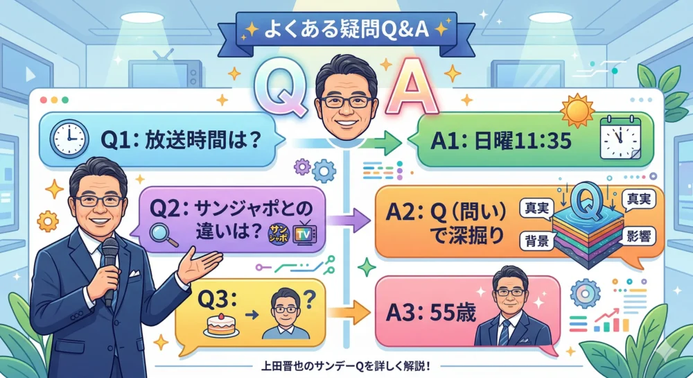 サンデーQの放送時間、サンジャポとの違い、上田晋也の年齢など、よくある疑問に答えるQ&Aパネルイラスト
