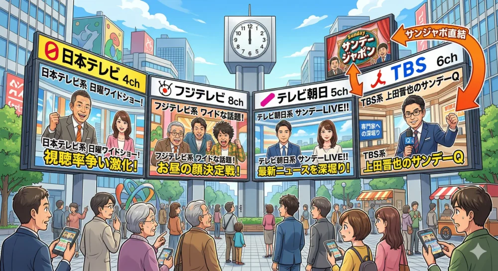 日曜昼の時間帯に、日本テレビ、フジテレビ、テレビ朝日の強豪番組と競うTBS上田晋也のサンデーQのイラスト