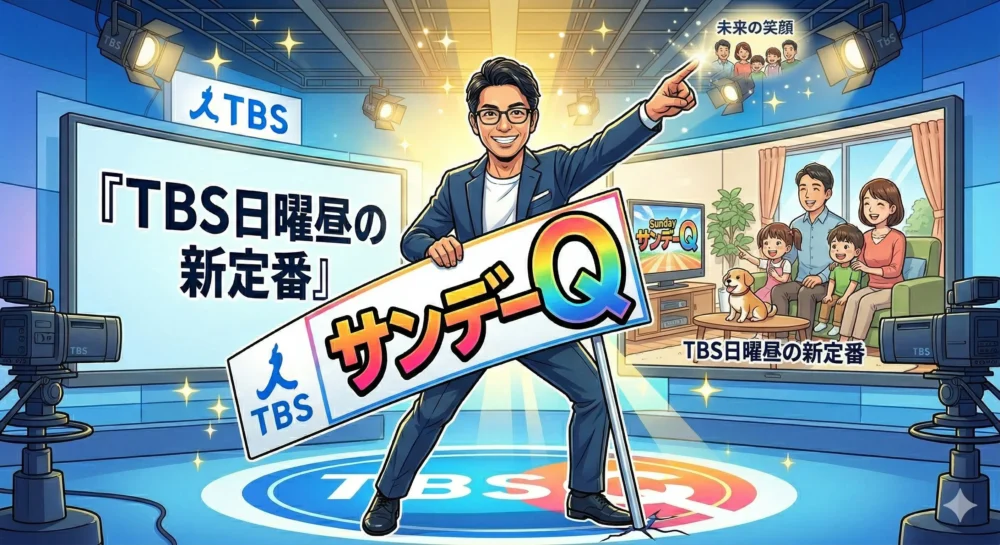 上田晋也、40年の壁を突破!「サンデーQ」衝撃の好スタート!アッコ後継MCの実力と初回好視聴率の秘密を解説するアイキャッチ画像イラスト