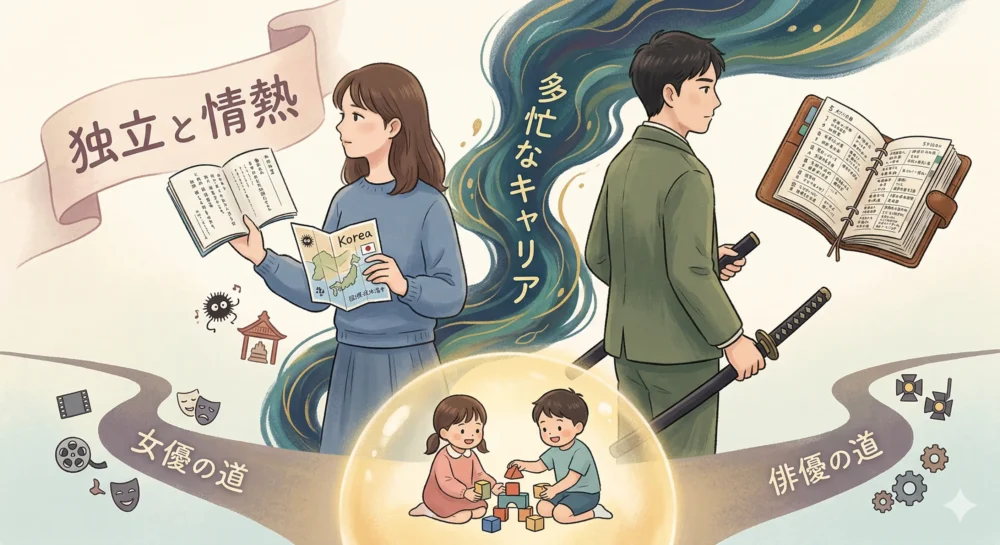 離婚理由である「すれ違い」を、独立・海外舞台と舞台仕事の多忙なキャリア、そして子供への想いとして概念的に表現したイラスト。