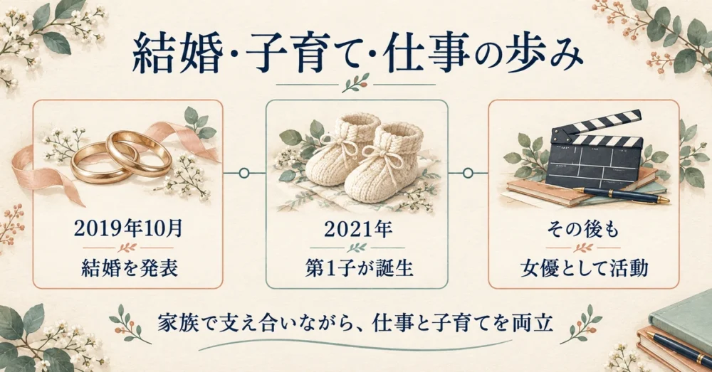 多部未華子の結婚から出産報告と仕事への歩みを示す図