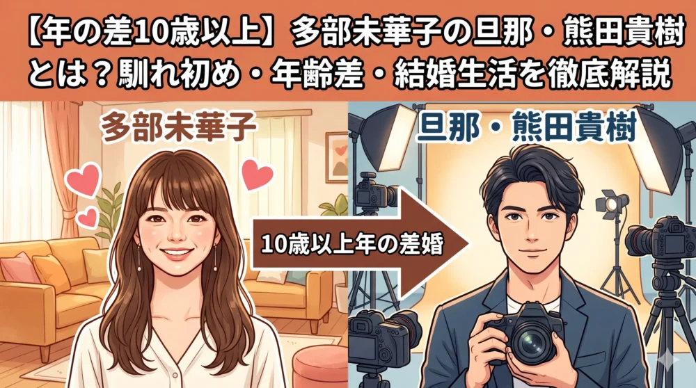 多部未華子と旦那・熊田貴樹の年の差婚に関するブログ記事のアイキャッチ画像。二人のイラストと記事タイトル。