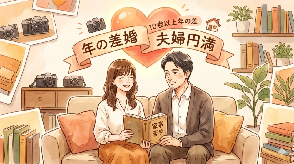 10歳以上の年の差婚を乗り越え、仲睦まじく、互いにリスペクトし合う多部未華子と熊田貴樹の結婚生活を表現したイラスト。