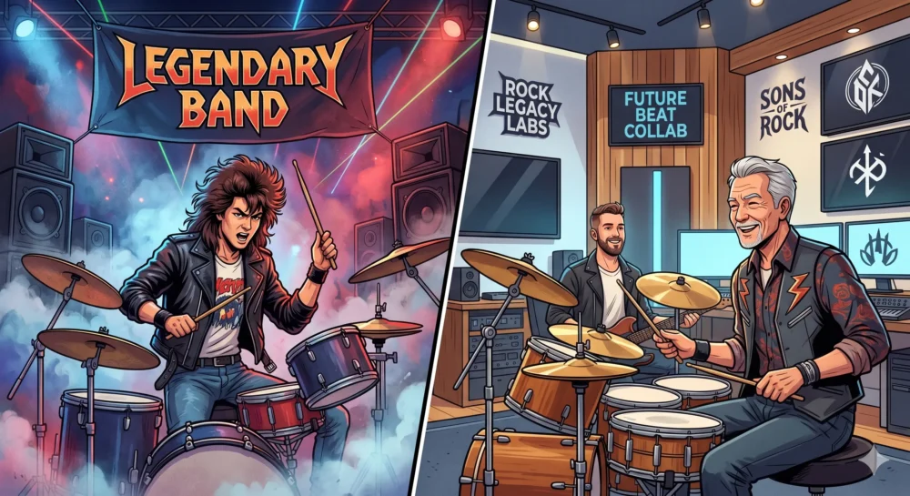 伝説のバンドBOOWY時代のパワフルなドラミングと、現在の活動（息子とのバンドなど）を描いた高橋まこと氏のイラスト。