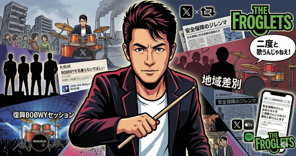 感情豊かなグラフィックノベル風イラスト。中央には確固たる意志を持った高橋まことが立ち、彼の背後には福島での震災・原発事故、復興支援、BOØWY時代、過去の炎上と謝罪、そして現在のXでのリポスト中心の発信スタイルがレイヤーとして重ねられ、彼の複雑なアイデンティティと信念を表現している。