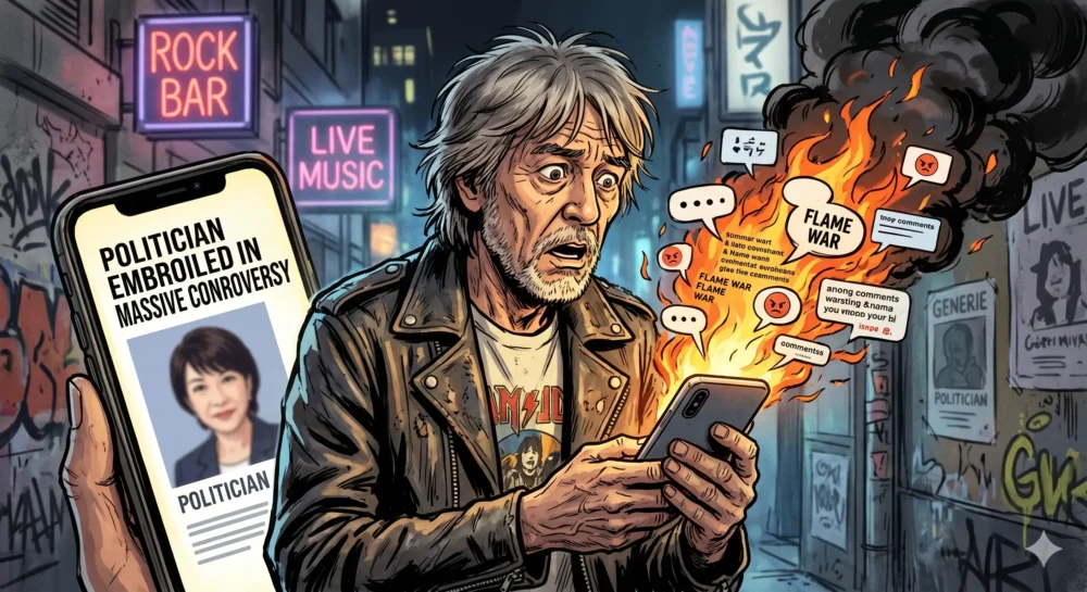 Xでの発言が炎上し、スマートフォンを見るドラマー風の年配男性のイラスト。