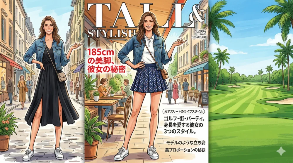 身長185cmのスタイリッシュな女性(元アスリート)がおしゃれなファッションを着こなすスタイルイラスト