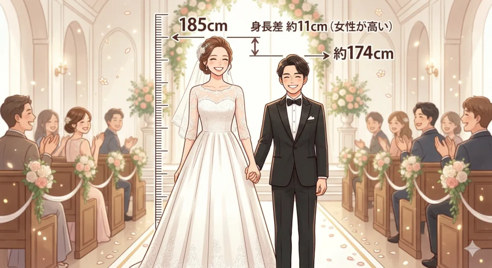 身長185cmの女性元アスリートと174cmの男性俳優の結婚と、約11cmの身長差を表すウエディングイラスト