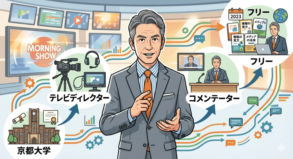 玉川徹氏の経歴を、京都大学卒業からテレビ局員、ディレクター、コメンテーター、そしてフリーとしての活動まで、イラストで解説した画像。