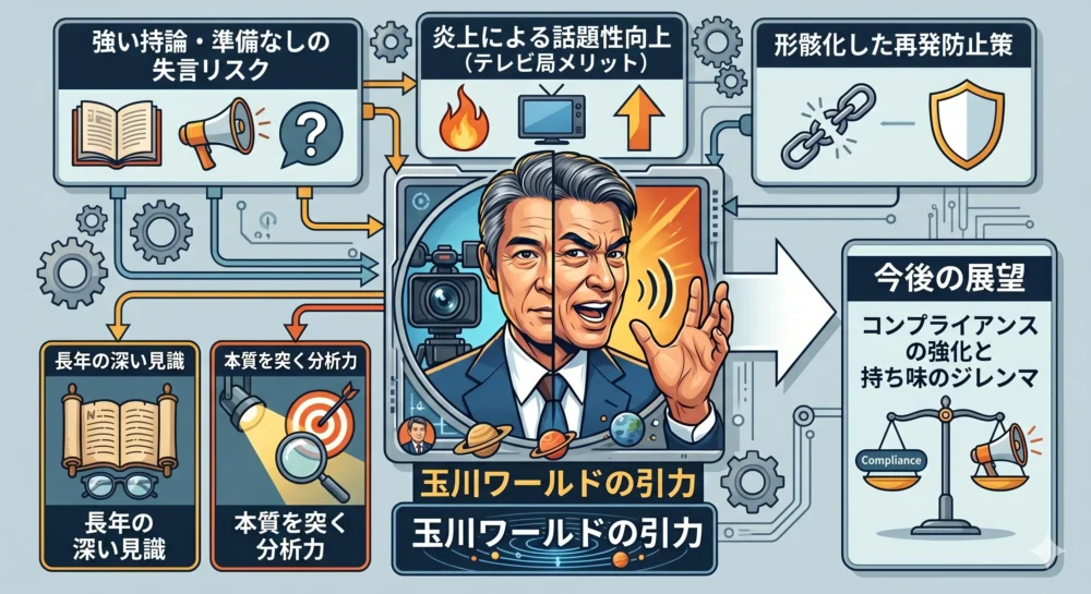 玉川徹氏の炎上が繰り返される構造的な理由、彼の強み、そして今後の展望をまとめた概念イラスト。