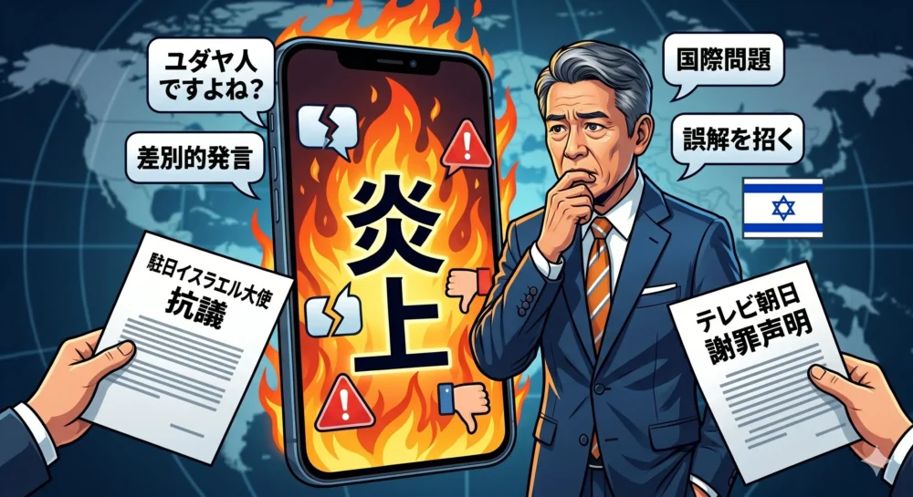 2026年4月の玉川徹氏の「ユダヤ人ですよね？」発言による炎上、イスラエル大使の抗議、テレビ朝日の謝罪までの経緯を表現したイラスト。