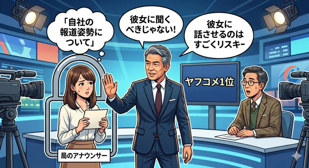 玉川徹氏が若手アナウンサーの発言を制止し、「彼女に聞くべきじゃない」「リスキー」と発言した様子を描いたイラスト。
