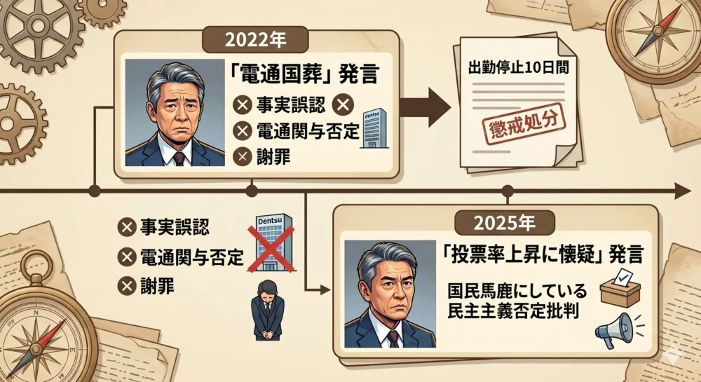 玉川徹氏の過去の大きな炎上事件である2022年の「電通国葬」発言と出勤停止処分、2025年の参院選投票率発言についてのイラスト。