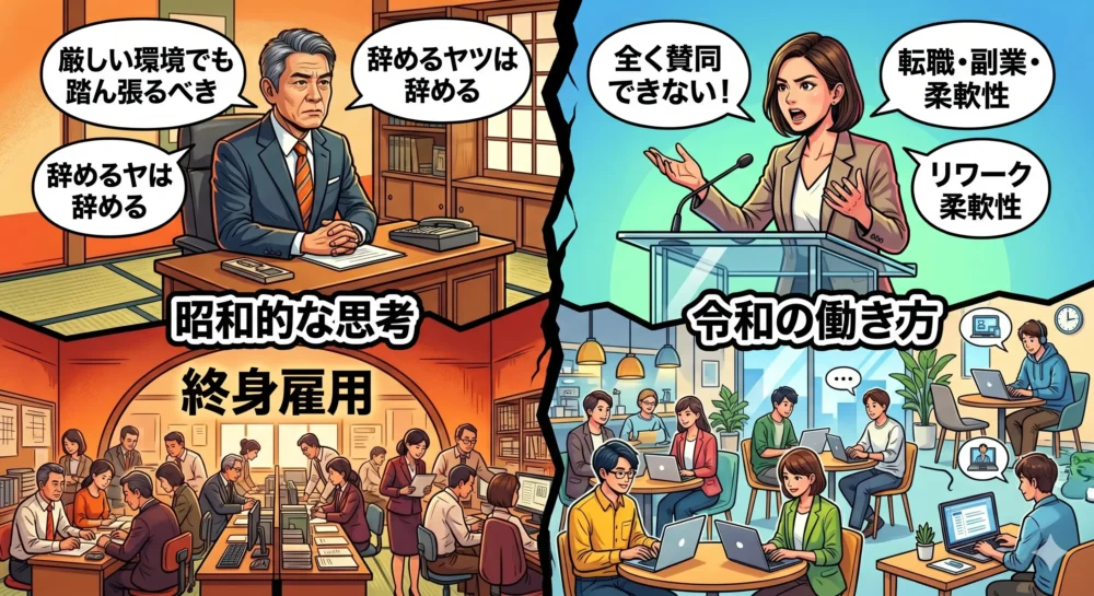 玉川徹氏の「辞めるヤツは辞める」という昭和的な働き方観と、専門家の令和的な柔軟な働き方観の対立を対比したイラスト。