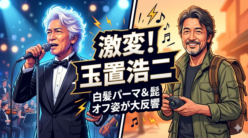 玉置浩二が67歳で激変！真っ白なパーマヘアのオフショットとステージ姿のギャップを解説したブログ記事のアイキャッチ画像