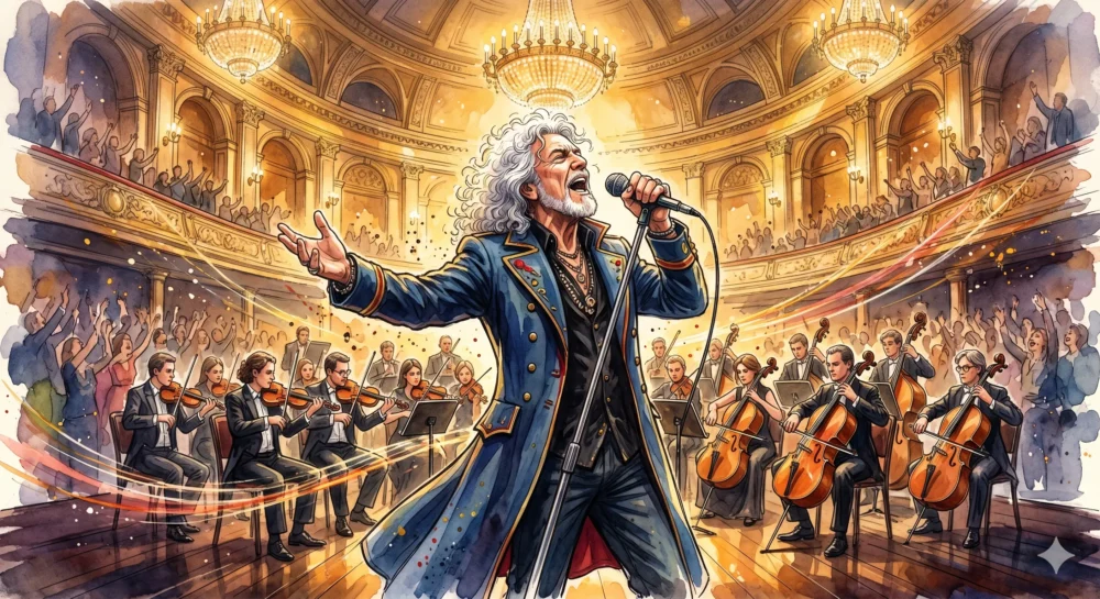 2026年ツアー「Fanfare」でフルオーケストラをバックに歌唱する玉置浩二のコンサートイメージ