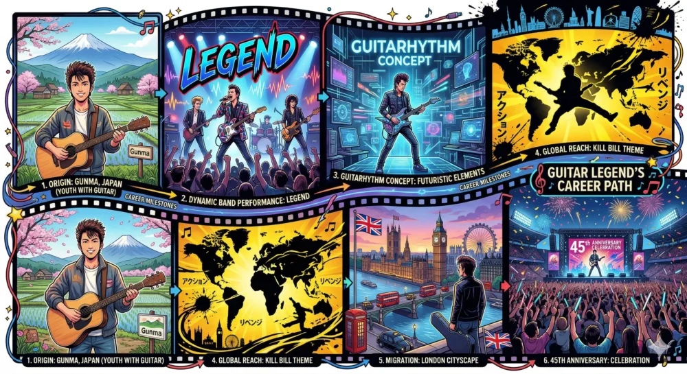 布袋寅泰のBOOWYからソロ活動45周年に至るまでの輝かしい軌跡を描いたイラストタイムライン。