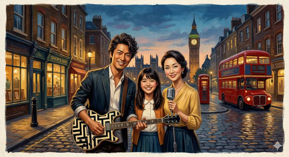 布袋寅泰と今井美樹夫妻がロンドンで育む、家族とアーティストとしての絆を描いたイラスト。