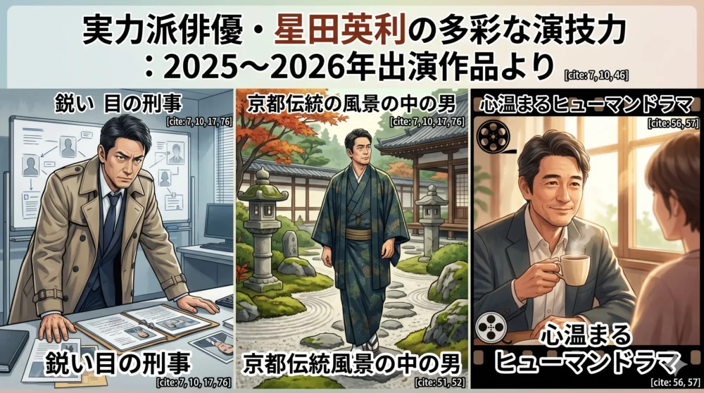 2025年から2026年にかけての俳優・星田英利の主な出演ドラマや映画作品をイメージしたイラスト