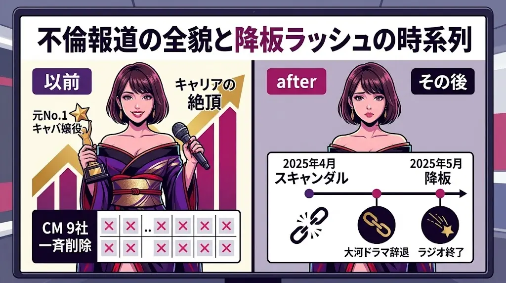 報道前のキャリアとその後の降板ラッシュを対比した図