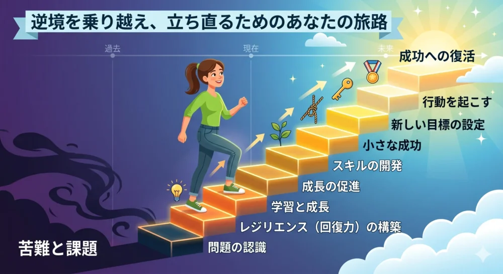 困難を乗り越えて復帰へ向かう道のりを表現したわかりやすい図解イラスト