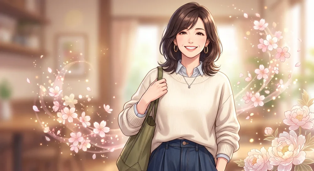 美しさと愛を兼ね備え、輝き続ける49歳のほしのあきのライフスタイルを描いたイラスト