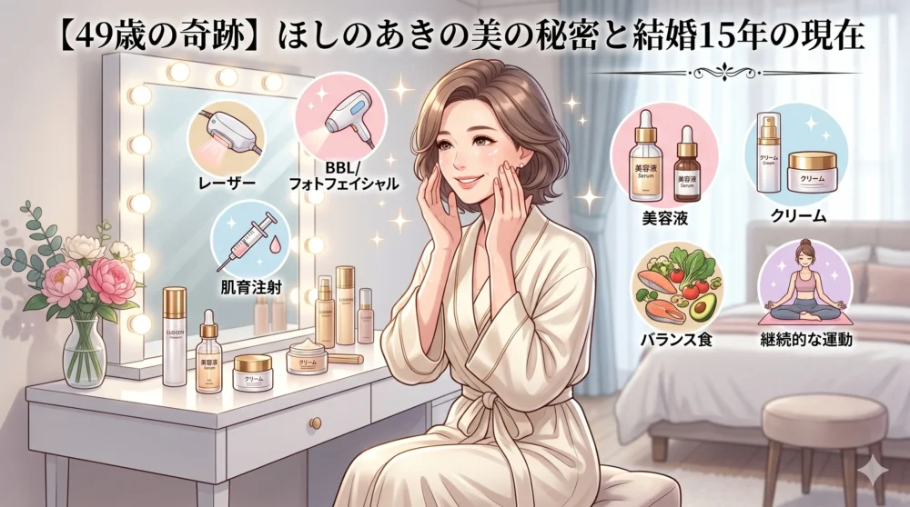 ほしのあきが実践する美容医療や徹底したスキンケアルーティンとツヤ肌の図解イラスト