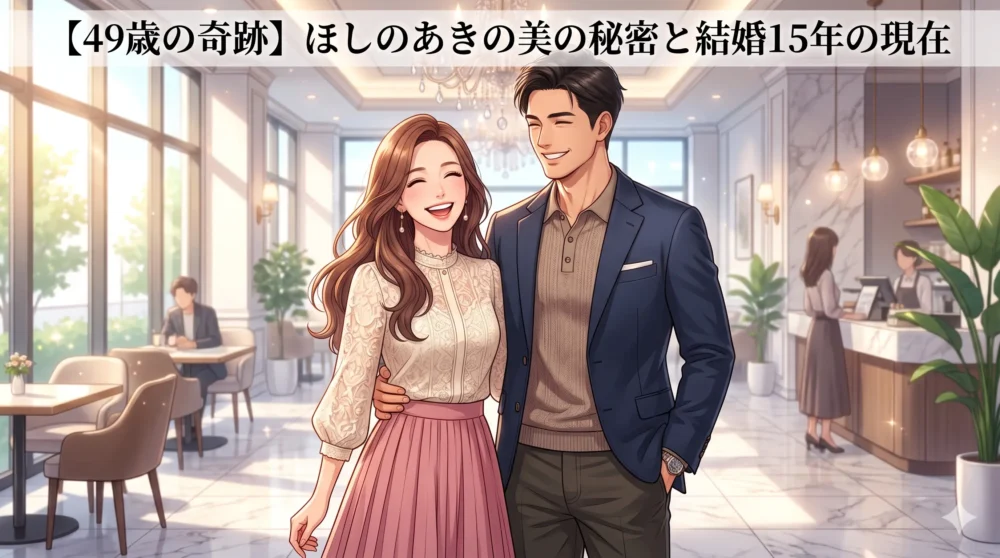 49歳になっても変わらぬ美貌を保つほしのあきと夫・三浦皇成の現在を描いたアイキャッチイラスト