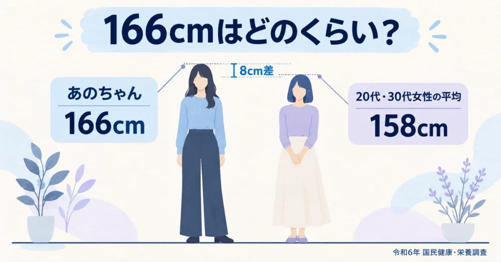 あのちゃんの身長166cmと20代・30代女性の平均158cmを比較する図解