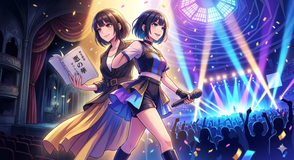 バラエティの舞台から、ドラマの台本や音楽ステージ(武道館)など次のステップへと歩み進める女性アーティストのイラスト