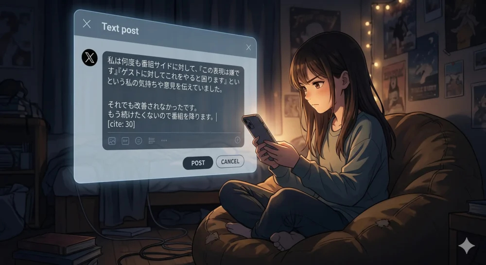 自分の意志を貫くために、スマートフォンの画面(SNS)を通じて番組降板を伝える強い眼差しをした女性のイラスト
