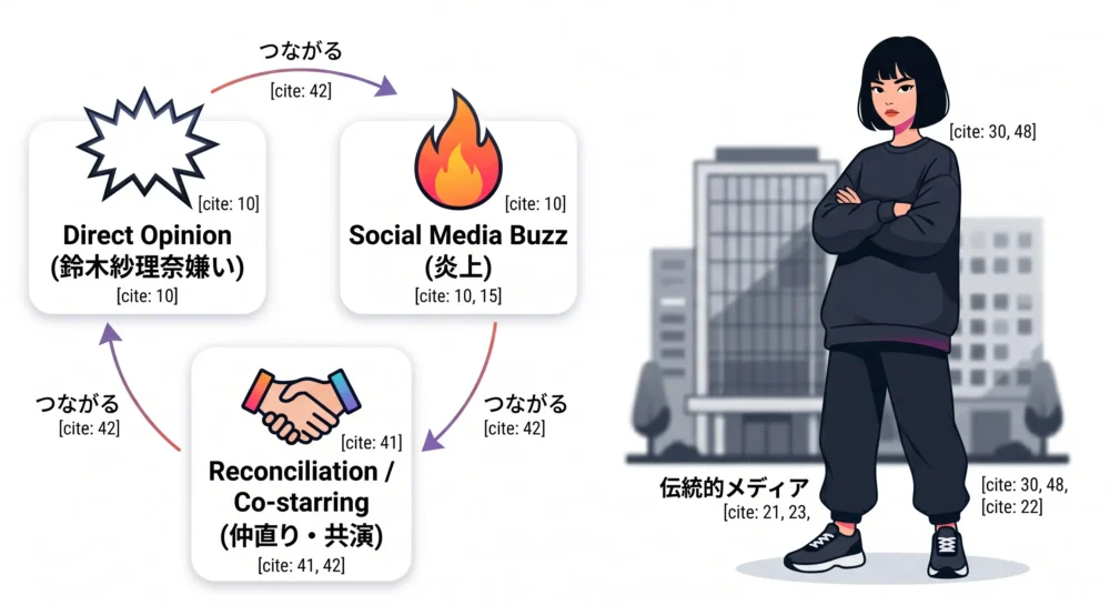 バラエティ番組の炎上と和解のサイクル、およびZ世代タレントが自分の意見をハッキリと主張する構図を描いた図解風イラスト