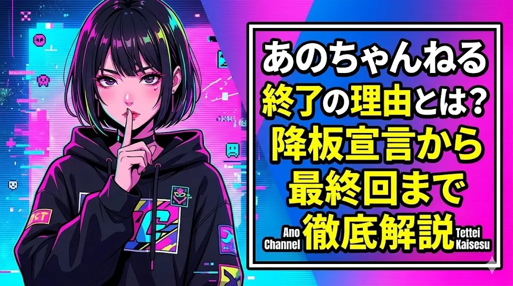 『あのちゃんねる終了の理由とは？降板宣言から最終回まで徹底解説』の文字が入ったアイキャッチ用イラスト