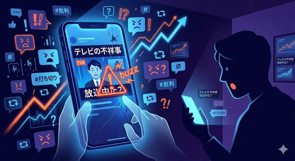 スマートフォンの画面に映るテレビ番組の炎上騒動と、それを見て驚くSNSユーザーのイラスト