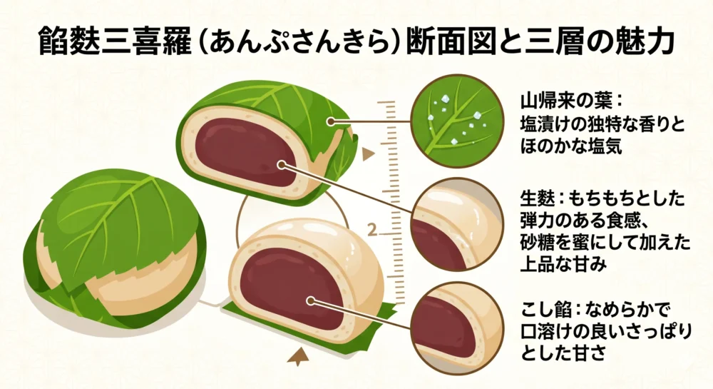 名古屋銘菓「餡麩三喜羅（あんぷさんきら）」の生麩・こし餡・山帰来の葉による3層構造の図解