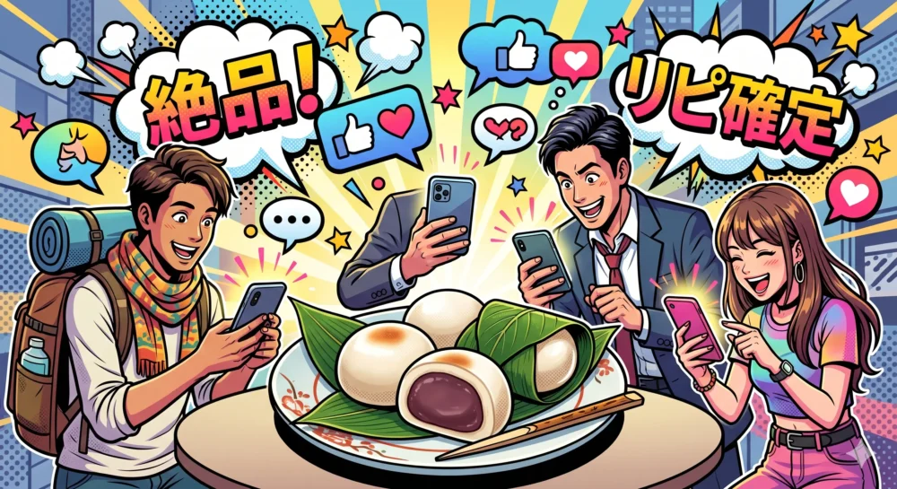 SNSやヤフーニュースのコメント欄で「絶品」と話題の名古屋土産、餡麩三喜羅へのリアルな反応をイメージしたイラスト