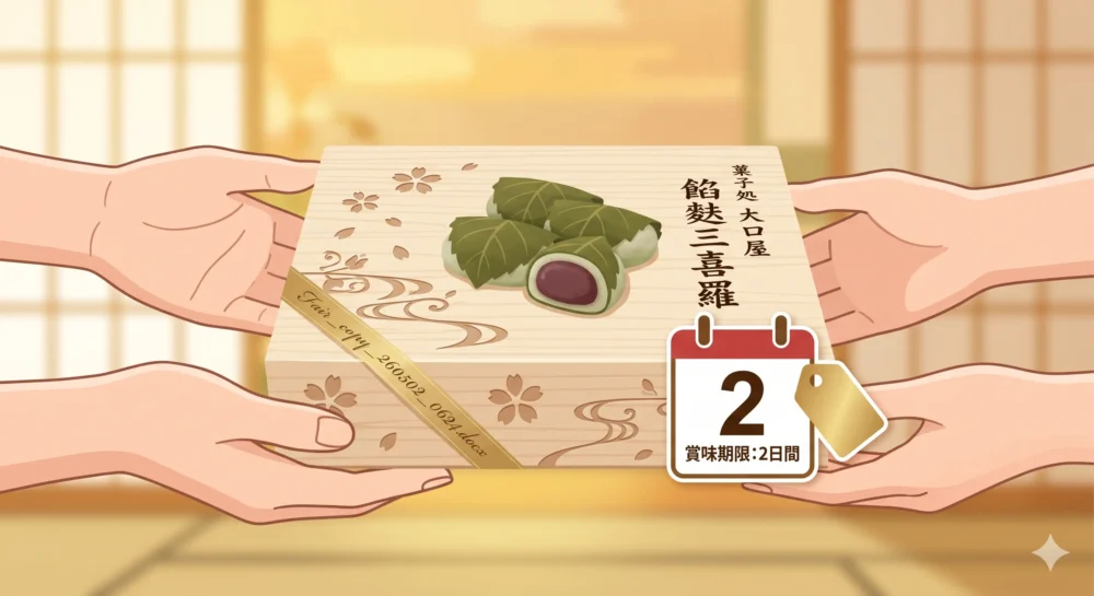 名古屋土産として餡麩三喜羅を渡すシーンと、購入前に知っておきたい価格・消費期限（2日間）を解説するイメージイラスト