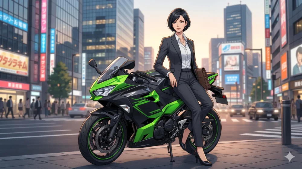 ドラマ「アンチヒーロー」の紫ノ宮飛鳥をイメージした、緑と黒のスポーツバイク（Ninja400）とクールな女性弁護士のイラスト