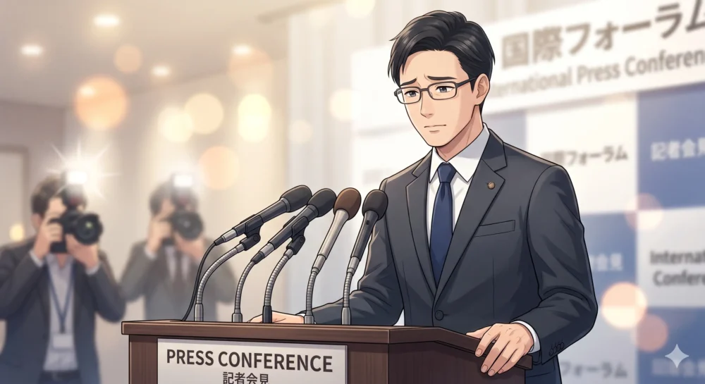 謝罪文の内容と発言撤回の理由を説明する中山功太風の男性のイラスト。